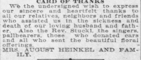 Emma Heinkel Funeral Thank You Posting